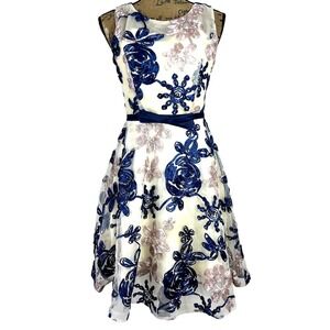 METISU Dress XS Cream Blue Beige Ribbon Chiffon Pleat Fit Flare Lace Romantic